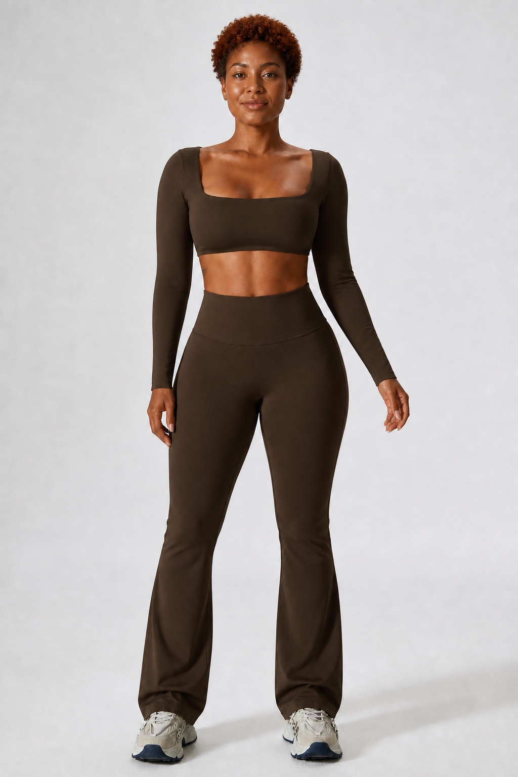 Aura Everyday Flare Leggings in Chocolate Brown, product view 1 | color:chocolate