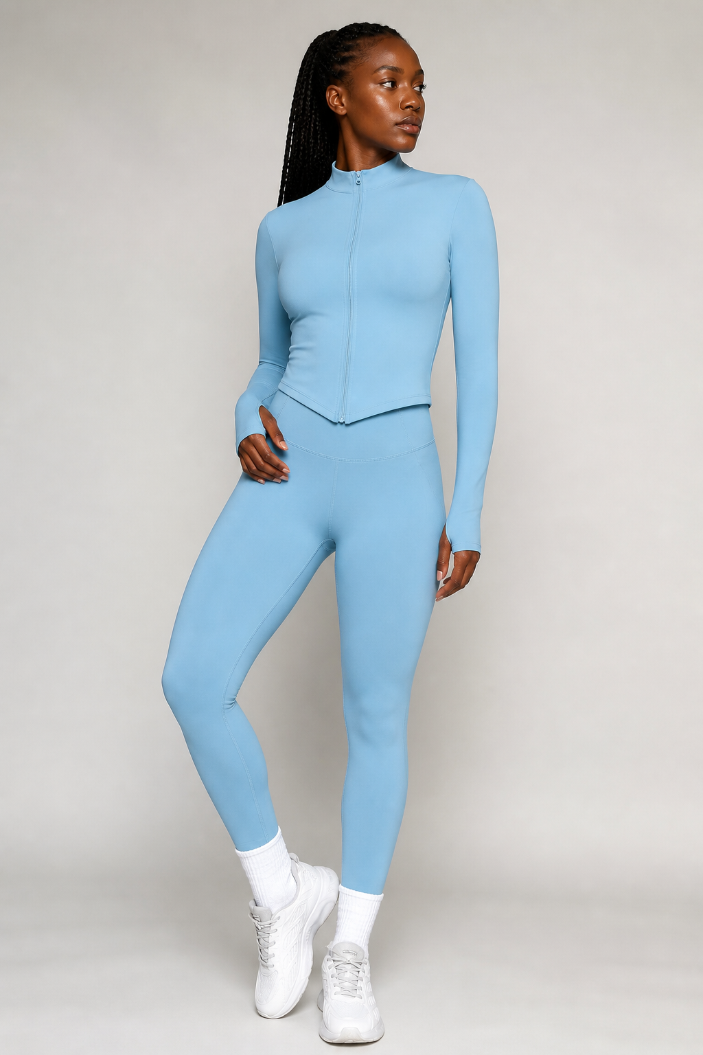 Aura Second-Skin Leggings in Powder Blue, product view 1 | archived-session:pistachio