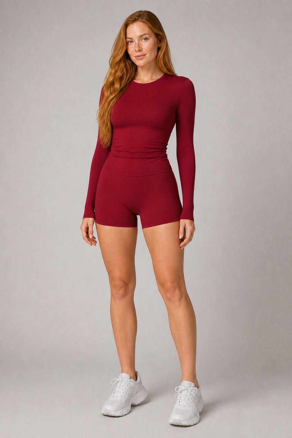 Aura Sculpt Long-Sleeve Top in Burgundy — exclusive model 29, view 01 | color:burgundy