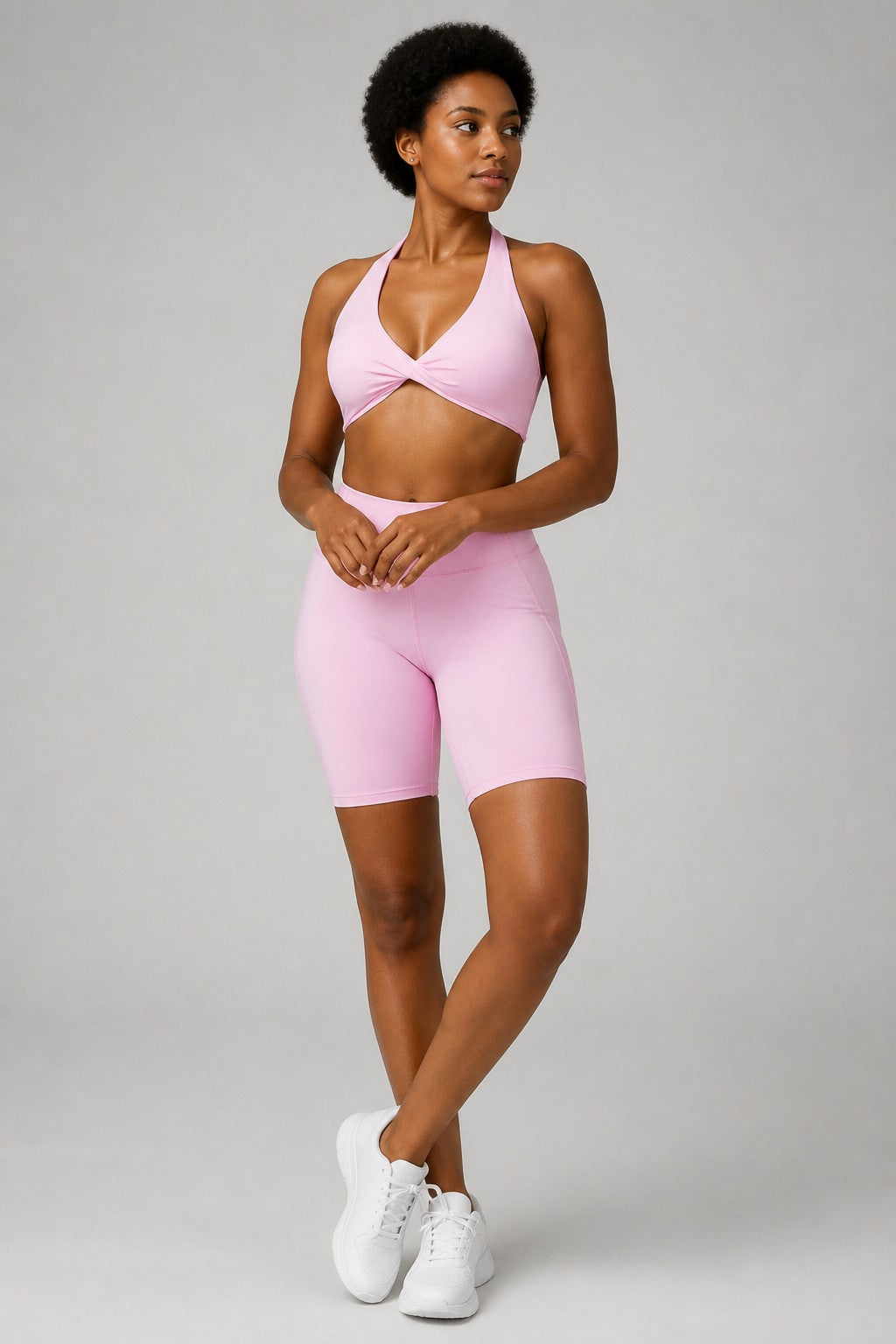 Aura Twist Halter Bra in Blush Pink — model view 1 | color:blush