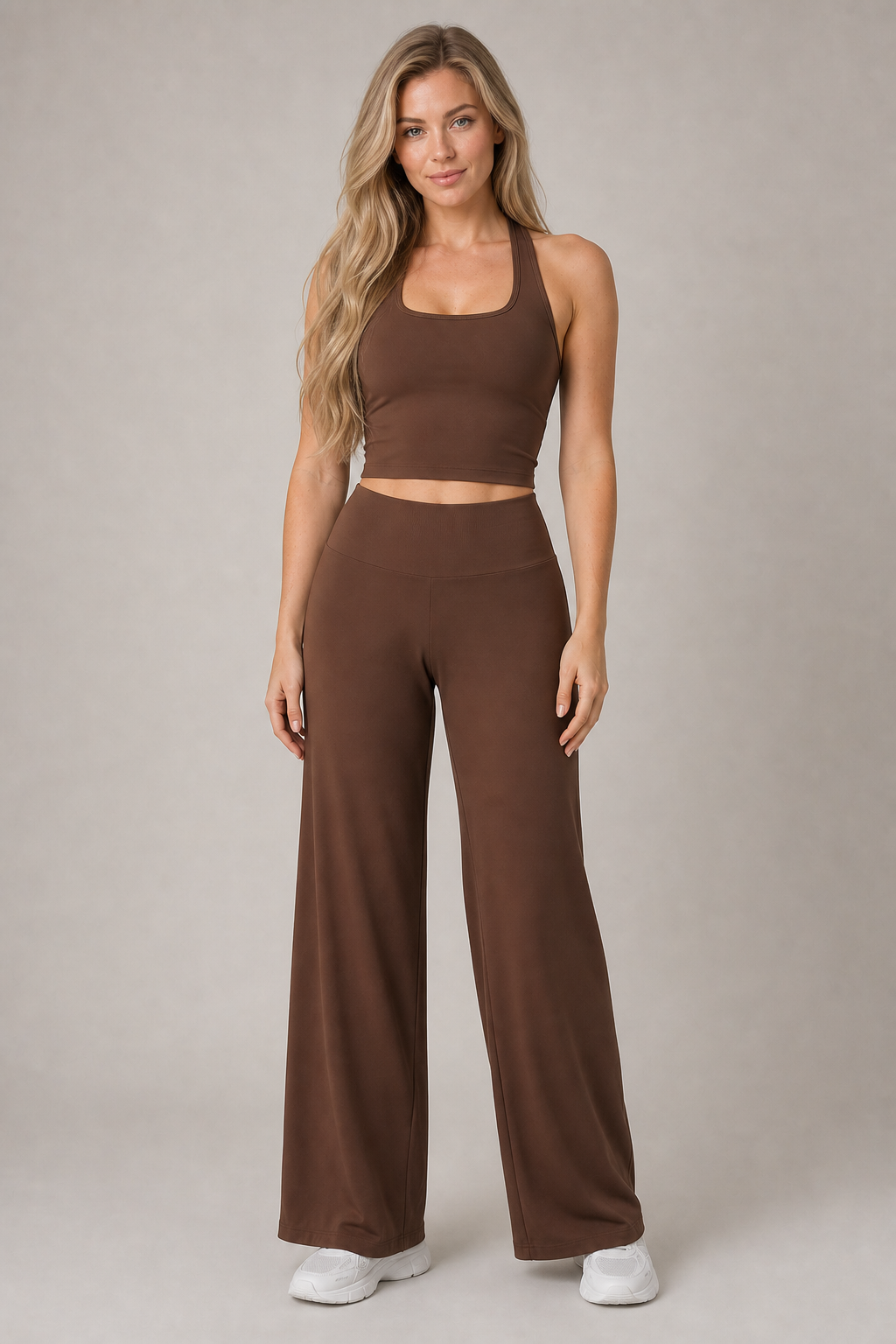 Aura Sculpt Racerback Tank in Chocolate — exclusive model 14, view 01 | color:chocolate