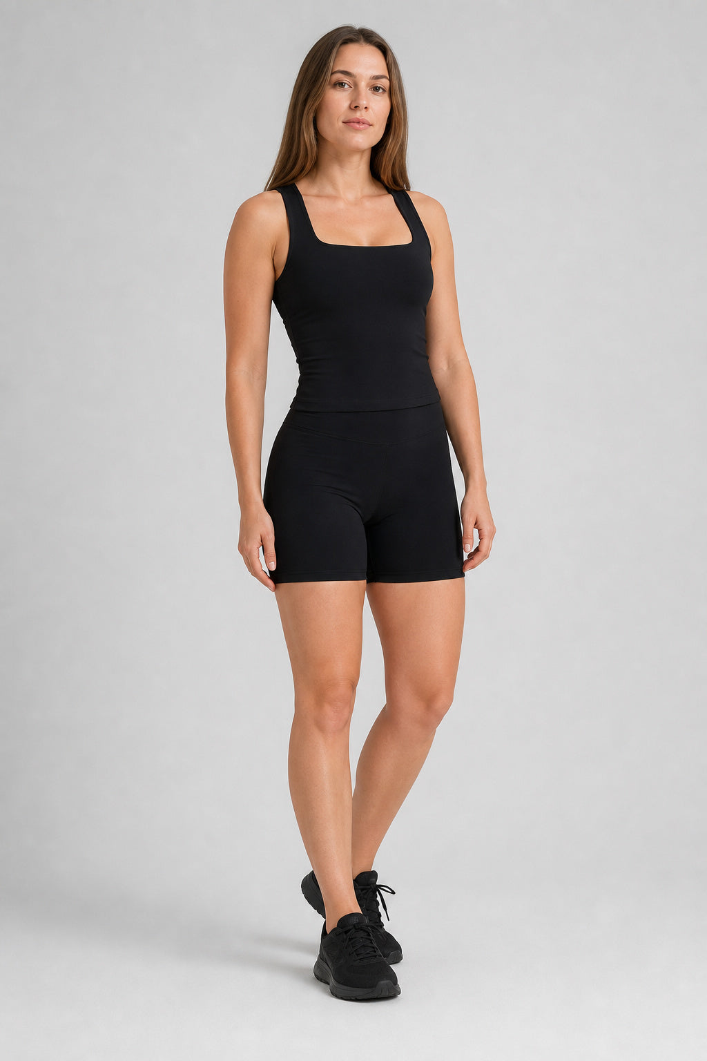 Aura Square-Neck Tank with Motion Lift-Contour Shorts - Jet Black - generated model photo 1 of 6