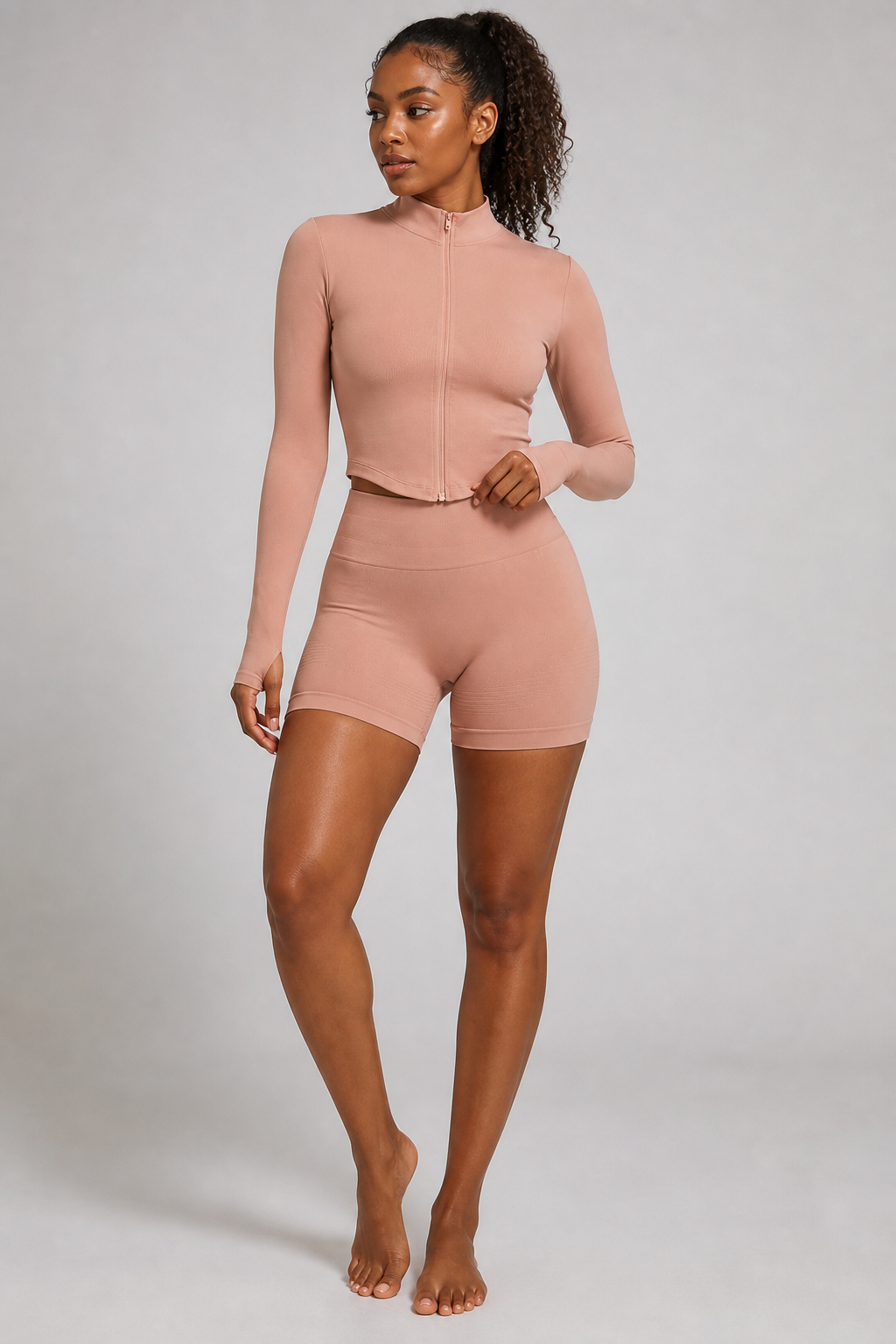 Motion Soft-Contour Shorts in Nude — model view 1 | color:nude pink