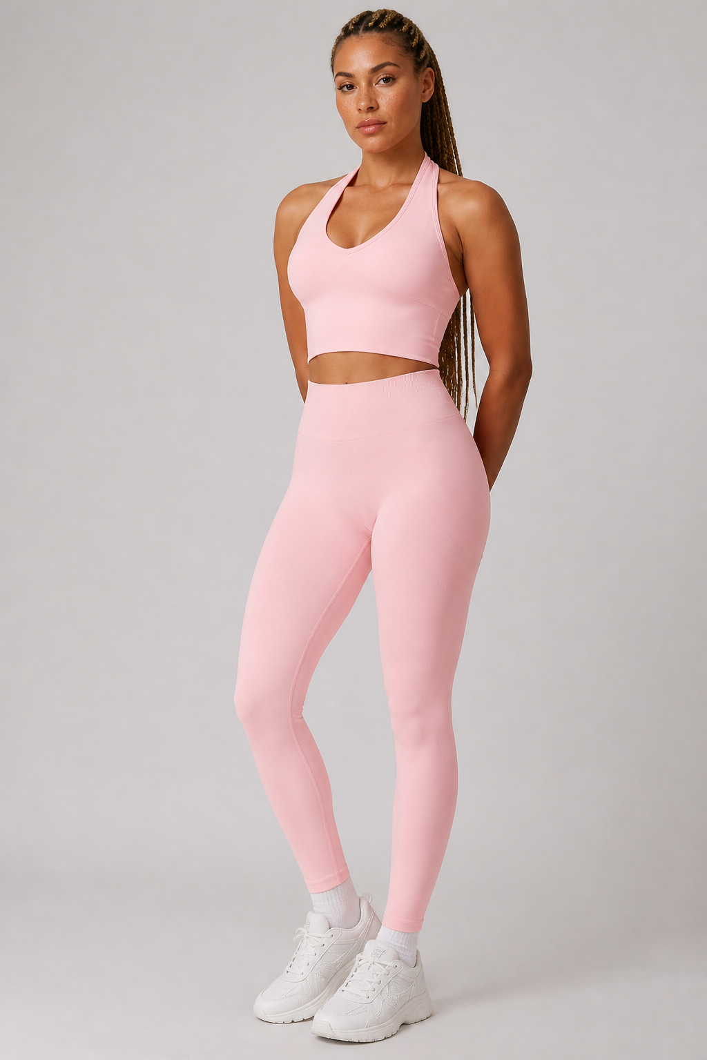 Motion V-Neck Halter Tank — hero model view | color:blush