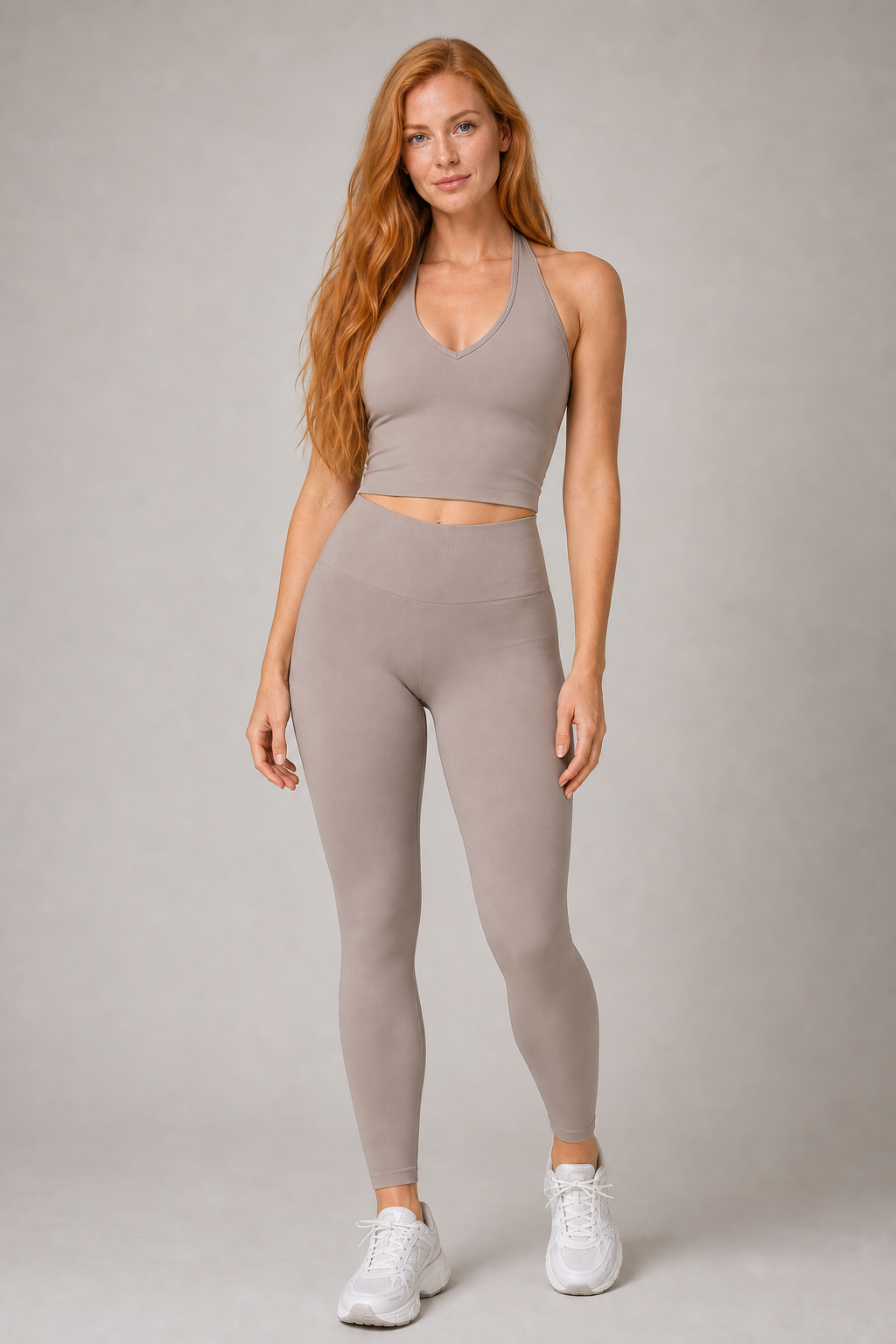 Motion V-Neck Halter Tank in Mushroom — exclusive model 15, view 01 | color:mushroom