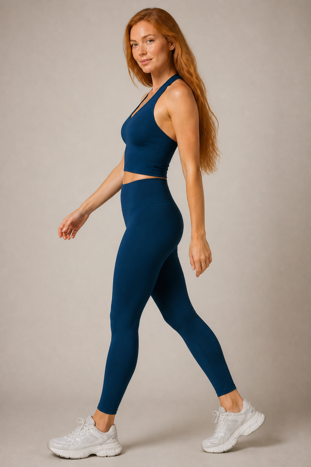 Motion V-Neck Halter Tank in Navy Blue — model 9, view 05 | color:navy blue