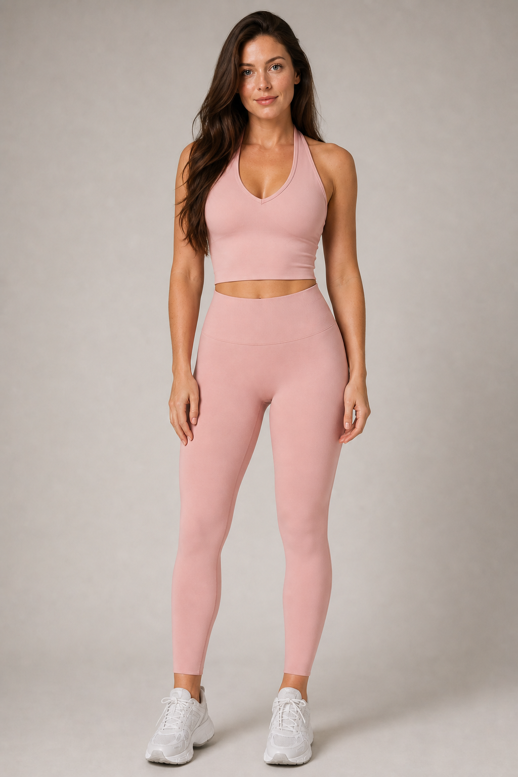 Motion V-Neck Halter Tank in Nude Pink — exclusive model 16, view 01 | color:nude pink