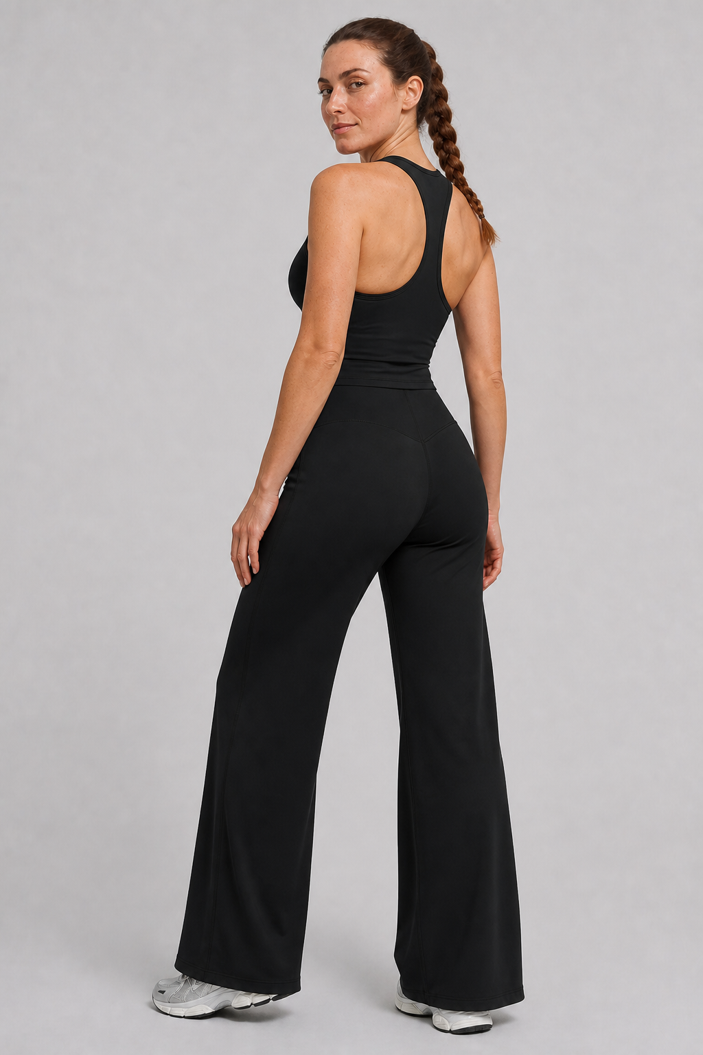 Aura Flow Wide-Leg Pants in Jet Black — model view 3 | color:jet black