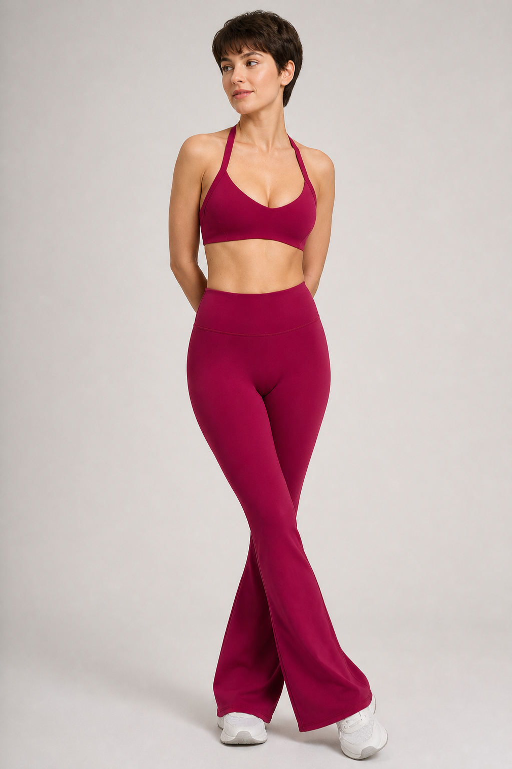 Aura Sculpt Flare Leggings in Berry — model view 1 | archived-session:berry