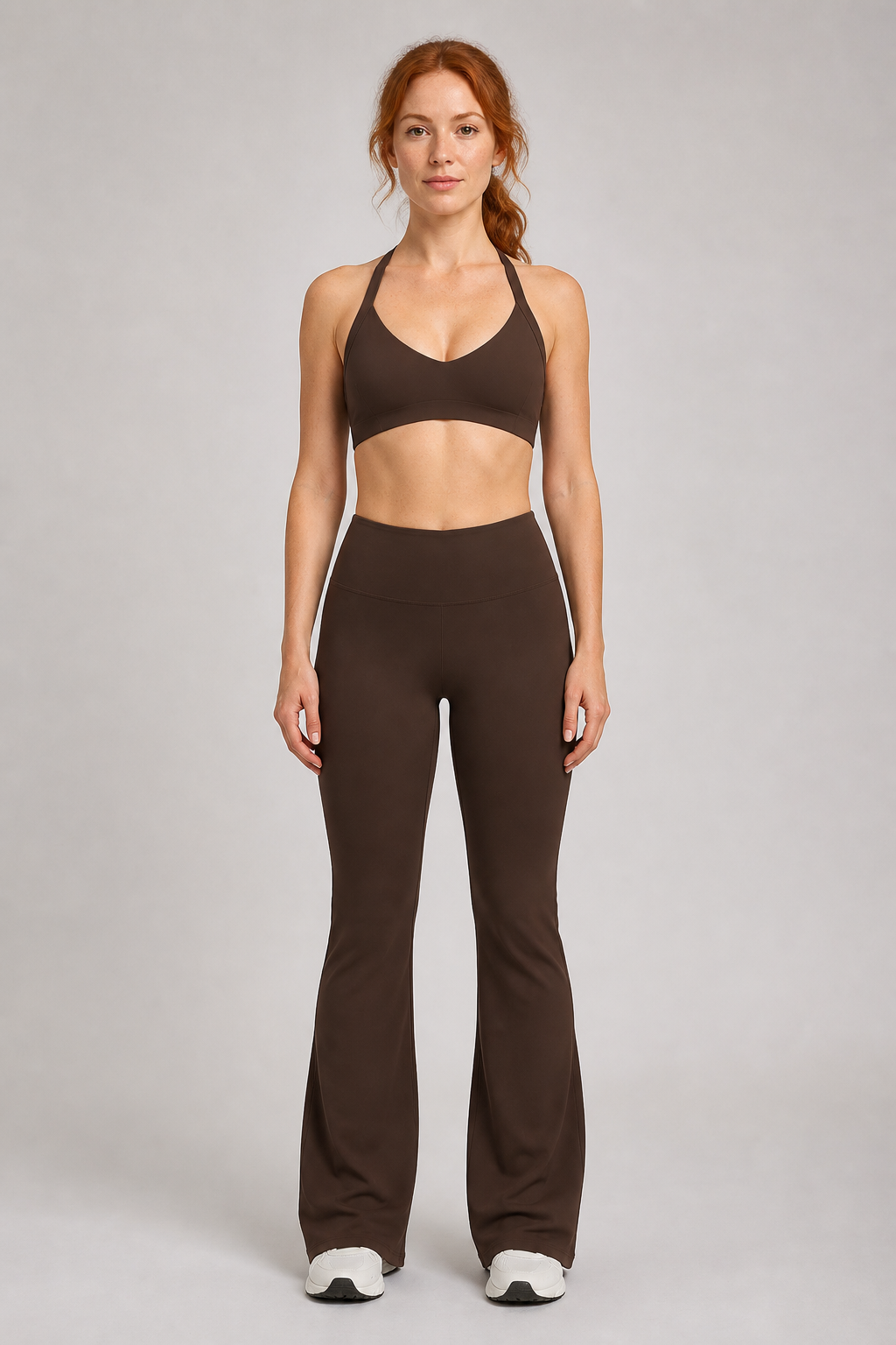 Aura Sculpt Flare Leggings in Chocolate Brown — model view 1 | color:chocolate