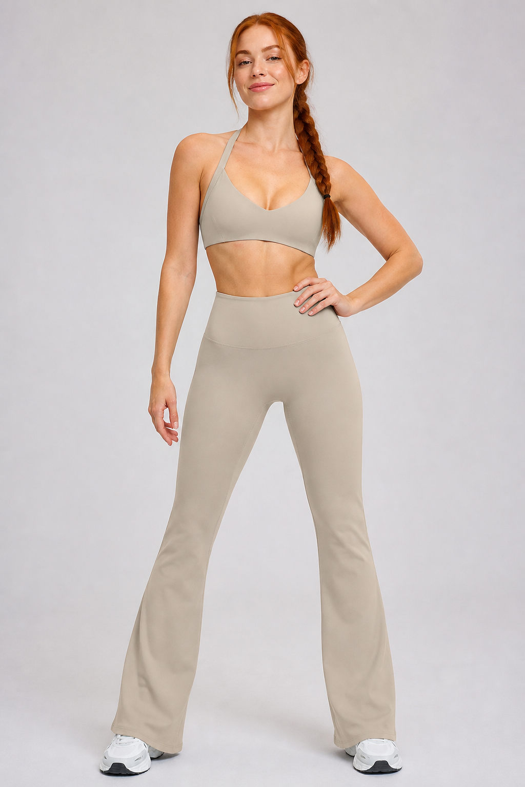 Aura Sculpt Flare Leggings in Mushroom — model view 1 | archived-session:mushroom
