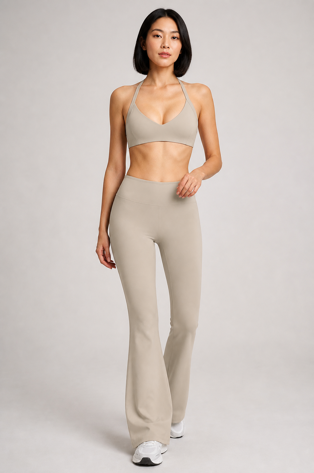 Aura Minimal Halter Bra in Warm Stone — model view 1 | archived-session:mushroom