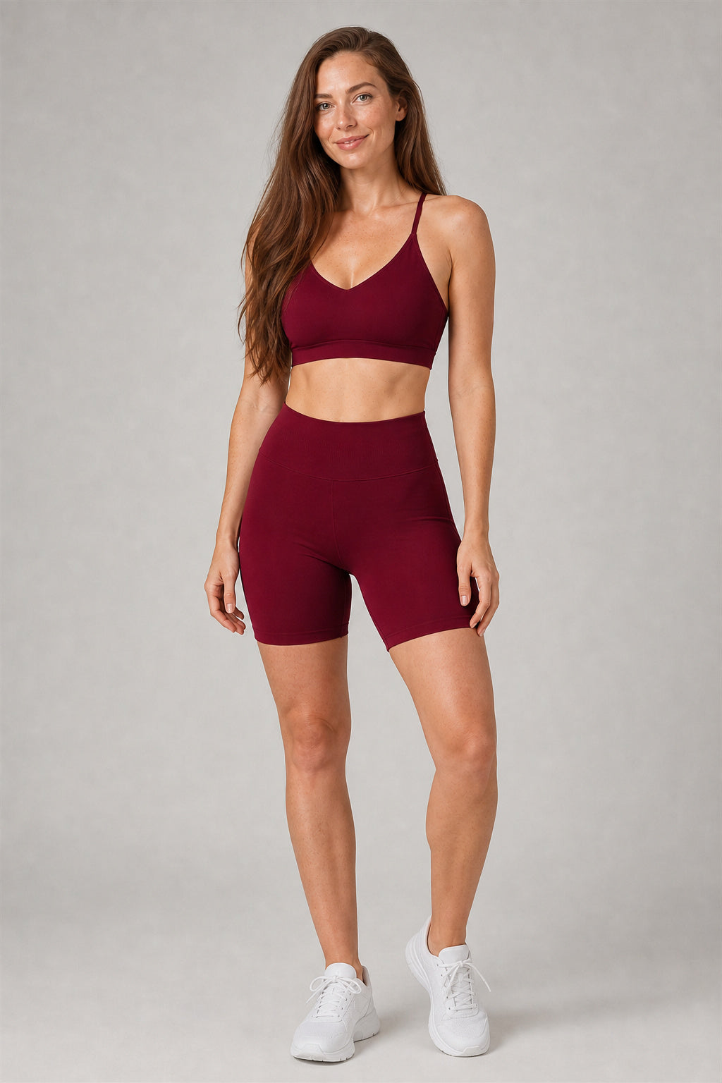 Aura™ Cross-Strap Training Bra — Burgundy — EWX3091-2 — Generated model hero