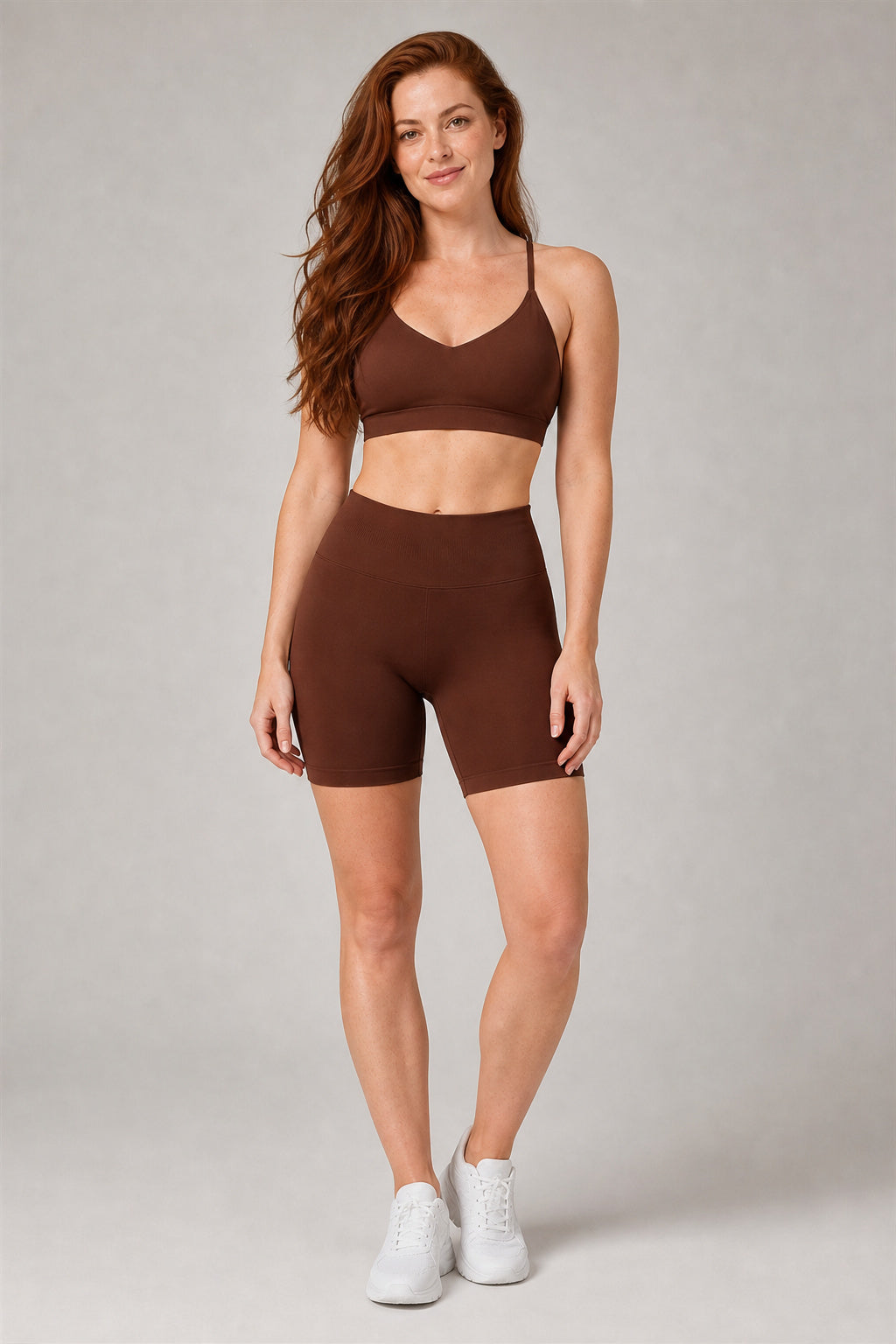 Aura™ Cross-Strap Training Bra — Chocolate — EWX3091-2 — Generated model hero