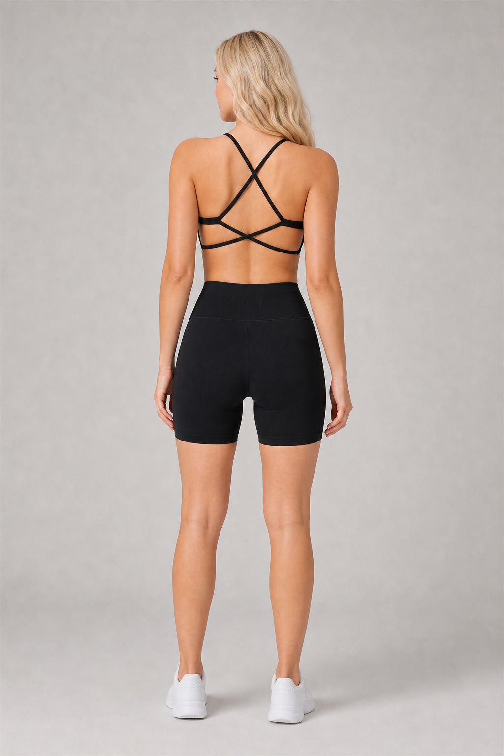 Aura™ Cross-Strap Training Bra — Jet Black — EWX3091-2 — Generated model 03_three_quarter_or_rear