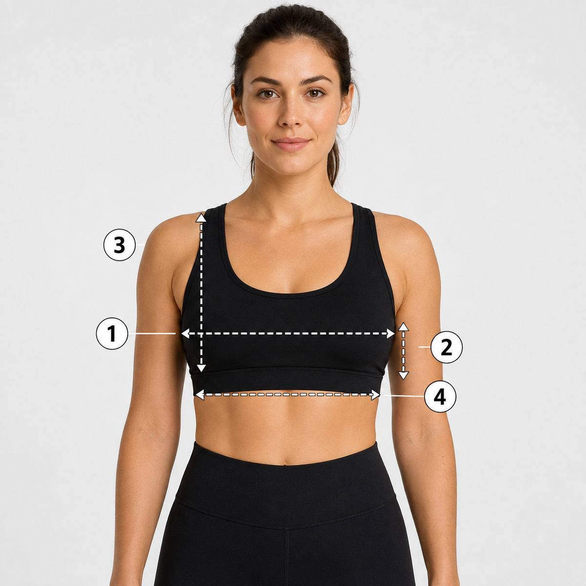 Size guide on a model: 1 chest width, 2 side length, 3 garment length, 4 hem width